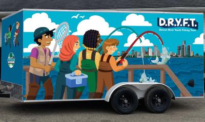 Mobile trailer wrapped in an illustrated image of four kids from diverse backgrounds, fishing and the Detroit skyline in the background.