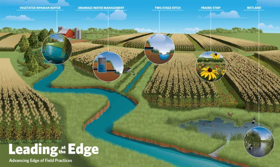 Illustration showing leading at the edge, advancing edge of field practices. Vegetated riparian buffer, Drainage water management, Two-stage ditch, Prairie Strip, and Wetland.