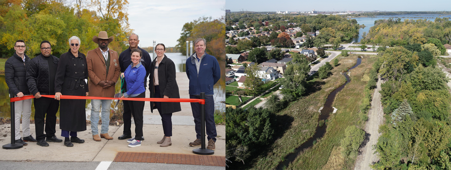 Elected officials and natural resource representatives celebrate the completion of the Powderhorn Lake Restoration Project in Chicago, IL.