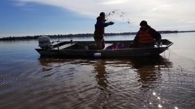 two people in a small boat on a lake, one is standing and casting wild rice seed into the water
