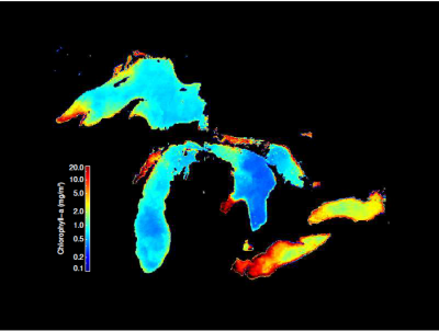 aerial image of the Great Lakes colored according to concentration of chlorophyll