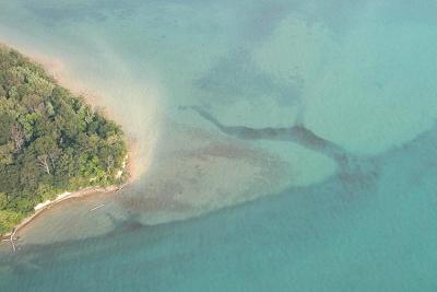 aerial photo of Sugar Island showing eroding shoreline