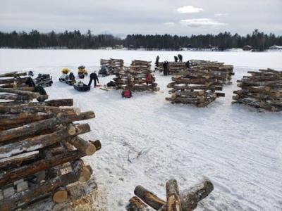 Hiawatha National Forest staff building fish cribs on Gooseneck Lake in 2022. (Credit: Eric Miltz-Miller, USDA Forest Service)