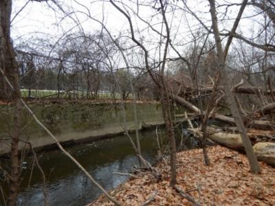 Concrete wall channelizing Johnson Creek.