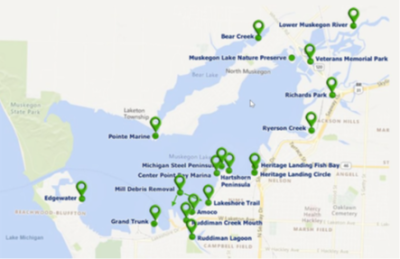 Locations of habitat restoration projects in the Muskegon Lake Area of Concern.