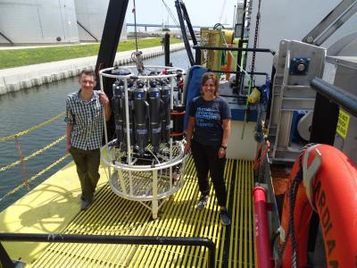 EPA scientists Matt Pawlowski and Megan O'Brien aboard the R/V Lake Guardian before it left Milwaukee to sample the waters of each of the five Great Lakes.