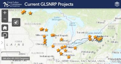 Map of current GLSNRP projects. (Credit: Great Lakes Commission)