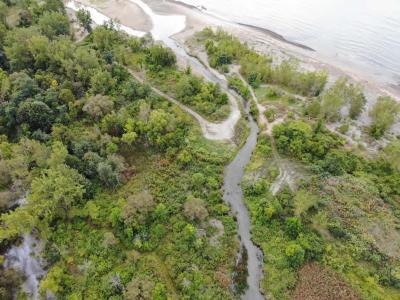 Aerial of Blasdell Creek pathway before it empties into Lake Erie and the adjacent wetland outlet facing southwest before wetland enhancements. 