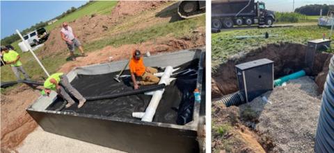 Workers Cconstructing the inlet manifold and distribution tile system on top of geotextile in the concrete holding tank