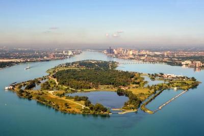 Aerial image of Belle Isle located in the Detroit River