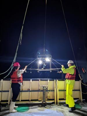 Scientists deploy a dropdown camera from the R/V Lake Guardian to collect video images of invasive Dreissena mussels on the 2021 Lake Michigan benthic survey.
