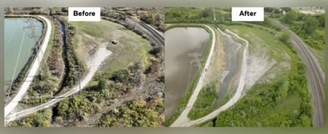  Before and After photo of Dry Creek showing how the restoration created aquatic habitat and naturalized the flow.