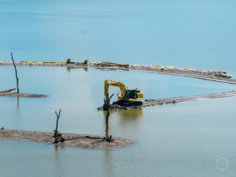 Construction underway for the Delaware Islands Complex Restoration. Photo Credit: Toledo Aerial Media. ""