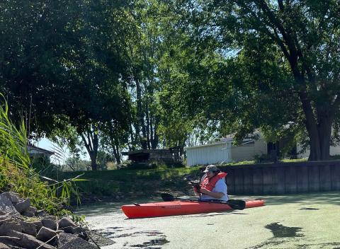 Strike team member Jami Vanscoyoc maps European frog-bit and phragmites in the Quanicassee River using a tablet and kayak. This method of on-the-ground monitoring provides details to be used for treatment and follow-up work. Courtesy photo by James Rogers, Saginaw Bay CISMA.