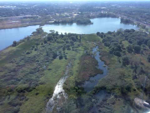 An aerial view of Powderhorn Lake and marsh. (Credit: Audubon Great Lakes)