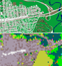 Top image shows map details of land coverage in Detroit, michigan. Bottom image is zoomed in different colored pixels. 