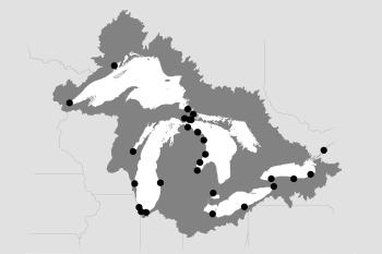 map of locations where the U.S. Fish and Wildlife Service conducts annual surveillance of fish and invertebrates to detect non-native species occurrence and spread in the Great Lakes