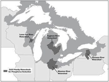 Map of the great lakes showing agricultural priority watersheds