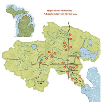 A host of partners led by the Conservation Resource Alliance (CRA) completed the Free Spanning the Maple River Initiative in 2023, removing the remaining last significant barriers to 55 miles of aquatic organism and fish passage throughout this watershed. Funding provided by GLRI, especially during Action Plan III, accelerated this effort to the point of completion. This is the first time a major river in the United States has been completely opened stem-to-stem. Map courtesy of CRA.