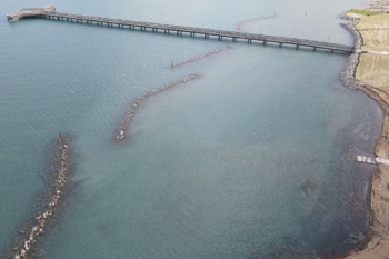 Photo of Brandenburg Park under construction showing the softening shoreline work, as well as the offshore shoals providing erosion control and habitat for fish, reptiles and amphibians