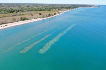 Aerial view of fully installed submerged rubble ridges at Illinois Beach State Park.