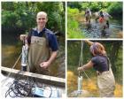 Collage of three images the first long image on the left is Penn High School teacher John Gensic holding the Hydrolab. The top right image is a group of students wading through a local water body The third right bottom is a student using the hydrolab.  and his students deploy the Hydrolab during a field trip to a local water body to collect water quality data. (Credit: Illinois-Indiana Sea Grant)