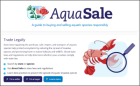 A screenshot of the homepage of the recently launched AquaSale database. The top of the site says Aqua Sale: A Guide to Buying and Selling Aquatic Species Resposible. The bottom left corner of the page features an illustration of a red crayfish and a magnifying glass.